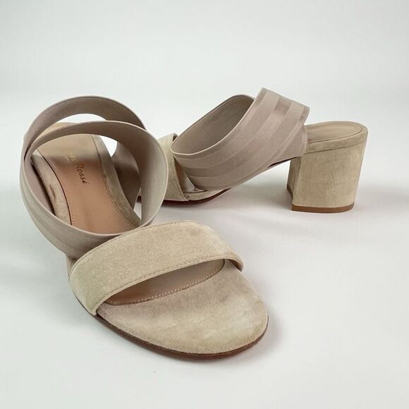 Gianvito Rossi Emily Suede Block Heel Sandal 37.5 US 7.5 Beige Minimalist Chic - Picture 8 of 13